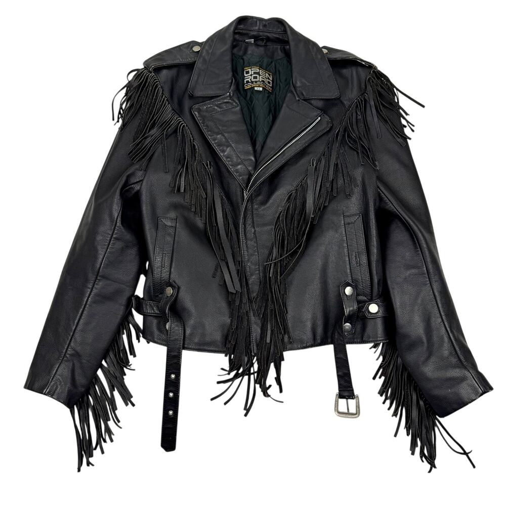 Open Road Collection Fringe Leather Motorcycle Jacket Black Vintage 44